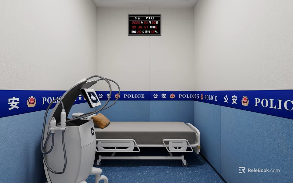 Police Interrogation Room With Bed Medical Equipment And Wall Signs 3d model 