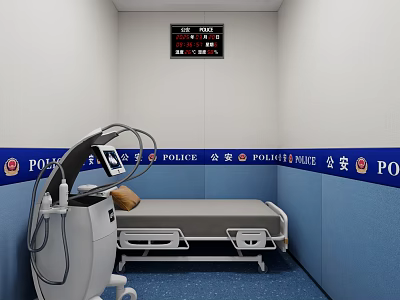 Police Interrogation Room With Bed Medical Equipment And Wall Signs 3d model