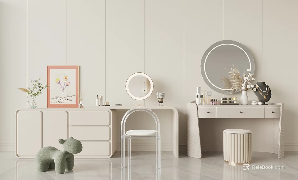 Modern Dressing Table With Round Mirror Drawers Stool Cosmetics And Decorative Items 3d model 