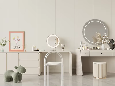 Modern Dressing Table With Round Mirror Drawers Stool Cosmetics And Decorative Items 3d model