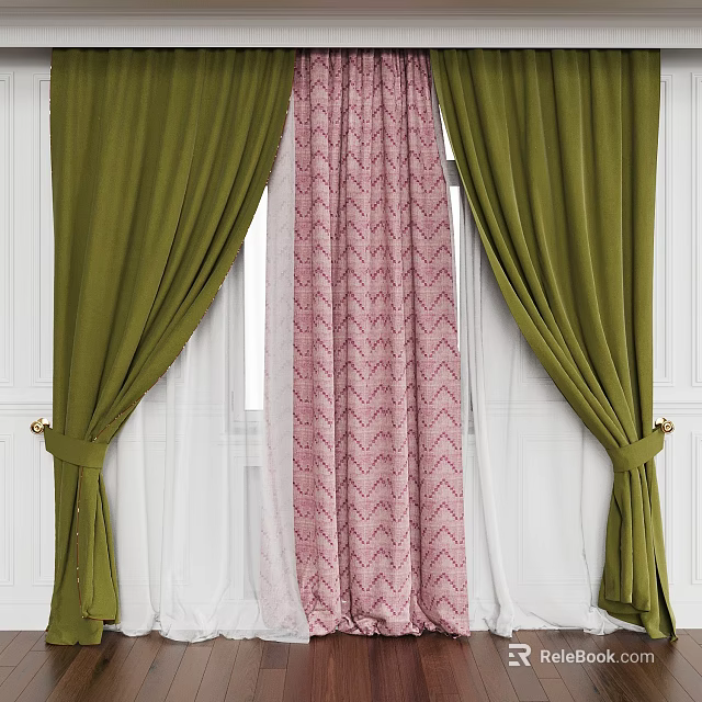 Green Side Curtains With Pink Patterned Panel And White Sheer Curtains With Tiebacks 3d model 