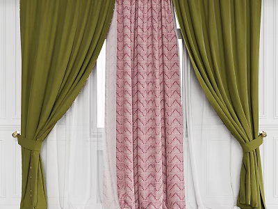 Green Side Curtains With Pink Patterned Panel And White Sheer Curtains With Tiebacks 3d model