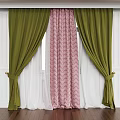 Green Side Curtains With Pink Patterned Panel And White Sheer Curtains With Tiebacks