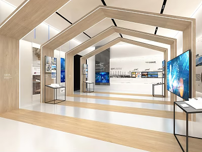 Spacious Showroom Interior Featuring Wooden Structures Light Flooring Displayed TVs And Exhibition Tables 3d model
