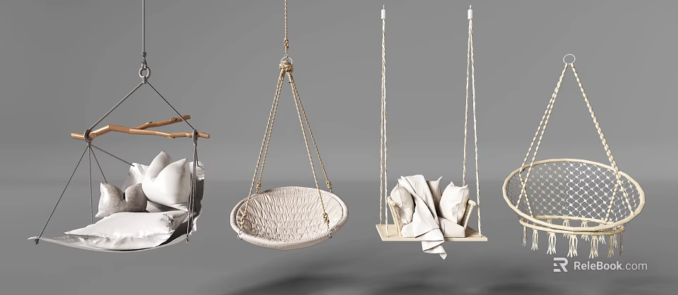Stylish Hanging Chairs With Various Designs Rattan Rope And Cushioned Seats 3d model 