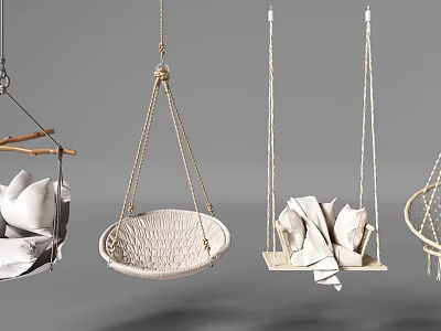 Stylish Hanging Chairs With Various Designs Rattan Rope And Cushioned Seats 3d model