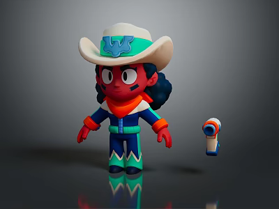 Adorable Cartoon Cowboy Character In White Hat Red Skin Blue Outfit With Small Tool 3d model