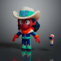 Adorable Cartoon Cowboy Character In White Hat Red Skin Blue Outfit With Small Tool