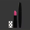 Stylish Cosmetics Display Pink Lipstick Black Mascara With Polka Dot Case On Sleek Reflective Surface
