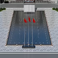 Scenic Square Landscape With Central Fountain Pool Red Flags On Flagpoles And Paved Ground