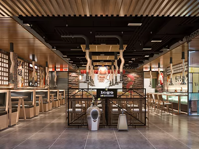 Modern Restaurant Interior With Wooden Ceiling Open Layout Seats And Counter 3d model