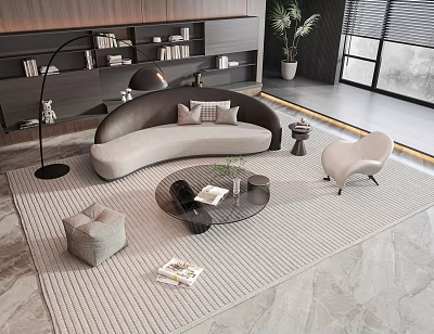 Modern Living Room With Curved Gray Sofa And Glass Coffee Table Set On Woven Rug 3d model
