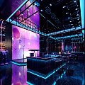 Modern Bar Interior Design With Purple Lighting Bar Counter Liquor Bottles And Comfortable Seating