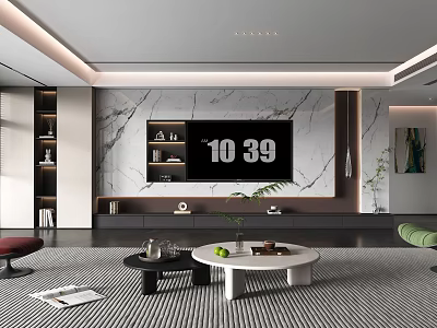 Modern Living Room Interior Design With Marble Accent Wall TV Coffee Tables And Plants 3d model