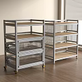 Metal Storage Shelves With Wheels And Wooden Tiers In Bright Room Space