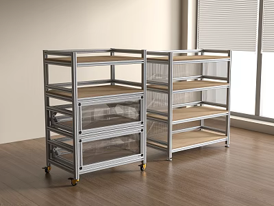 Metal Storage Shelves With Wheels And Wooden Tiers In Bright Room Space 3d model