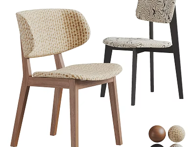 Modern Single Chair With Beige Woven Fabric Wooden Legs And Black White Patterned Backrest 3d model