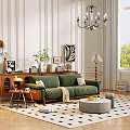 Green Sofa and Coffee Table Set with Floor Lamp Chandelier and Black White Checkered Rug