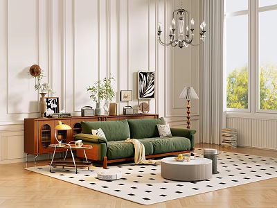 Green Sofa and Coffee Table Set with Floor Lamp Chandelier and Black White Checkered Rug 3d model