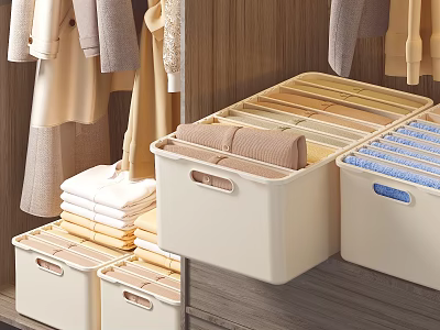 Tidy Clothes Organization In Wooden Wardrobe With Beige Storage Bins And Folded Garments 3d model