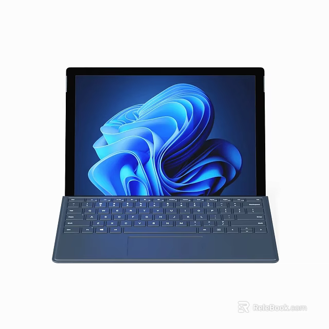 Modern Sleek Tablet With Detachable Keyboard Displaying Blue Abstract Wave Design On Screen 3d model 