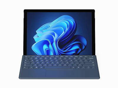 Modern Sleek Tablet With Detachable Keyboard Displaying Blue Abstract Wave Design On Screen 3d model
