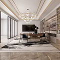 Modern Office Interior With Built-in Bookshelves Spacious Table Chandelier Potted Plant And Decorative Rug