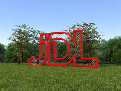 Red JDL Logo Displayed In Green Grass Field With Trees And Blue Sky 3d model