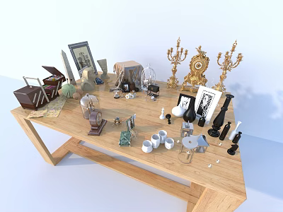 Decorative Ornament Set with Wooden Table Photo Frame Candelabra Clock and Sculptures 3d model