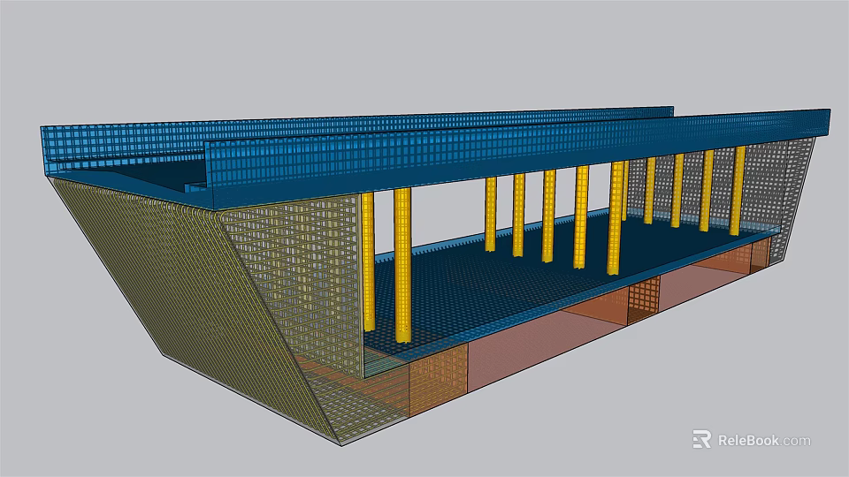 Modern Bridge Structure Design With Yellow Pillars And Blue Grid Top 3d model 