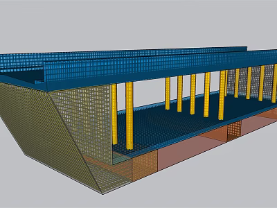 Modern Bridge Structure Design With Yellow Pillars And Blue Grid Top 3d model
