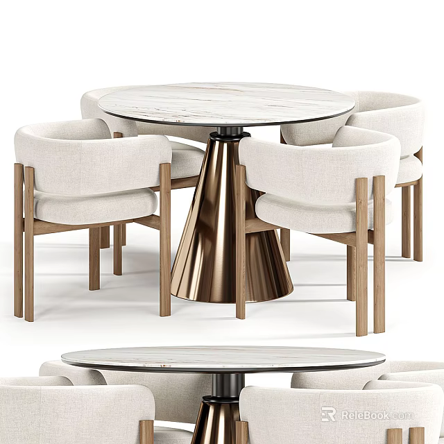 Round Marble Dining Table Set With Beige Fabric Chairs And Wooden Legs 3d model 