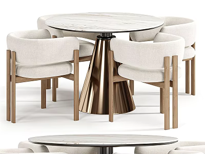 Round Marble Dining Table Set With Beige Fabric Chairs And Wooden Legs 3d model