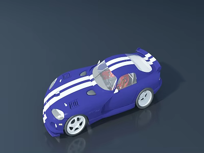 Blue Sports Car With White Stripes And Driver Figure In Stylish Design 3d model