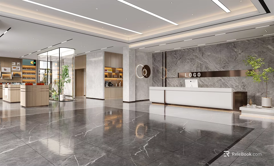 Elegant Modern Front Desk Reception Area With White Counter Marble Wall And Green Plants 3d model 