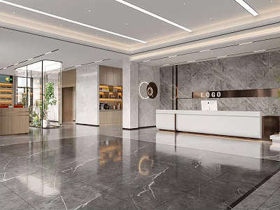 Elegant Modern Front Desk Reception Area With White Counter Marble Wall And Green Plants 3d model