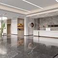 Elegant Modern Front Desk Reception Area With White Counter Marble Wall And Green Plants