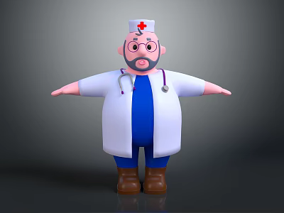 Cartoon Doctor Character With Red Cross Hat White Coat Blue Scrubs Stethoscope And Open Arms 3d model