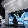 Modern Exhibition Space with White Geometric Walls Display Stand Screens Globe and Blue Lighting