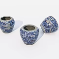 Three Blue and White Ceramic Vessels with Traditional Landscape Patterns Displayed 3d model
