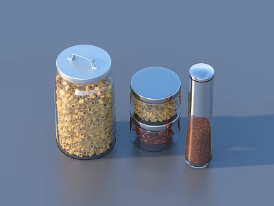 Glass Spice Jars With Different Lids For Storing Yellow Red Brown Spices 3d model