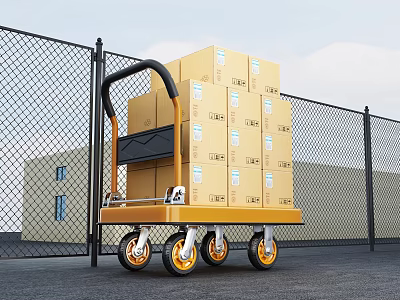 Hand Truck Loaded With Yellow Boxes Near Chain Link Fence And Building 3d model