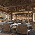 Hotel Public Lounge Area With Wooden Ceiling Columns Bookshelves Sofas Coffee Tables And Wooden Flooring