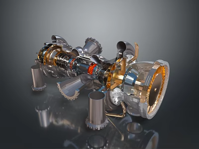 Complex Industrial Mechanical Structure With Metal Gears Transparent Casing And Golden Silver Parts 3d model