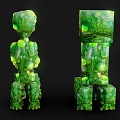 Green Mossy Stone Creatures With Glowing Yellow Eyes And Block Humanoid Forms 3d model
