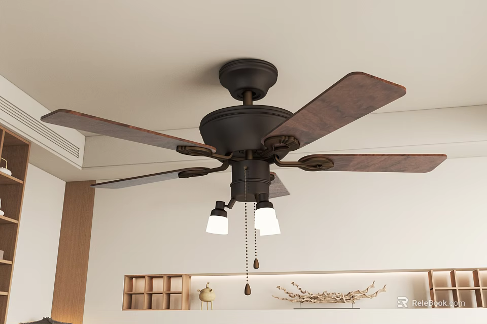 Indoor Ceiling Fan With Wooden Blades Black Base And Two Lights 3d model 