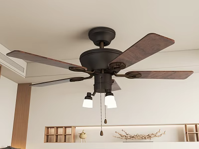 Indoor Ceiling Fan With Wooden Blades Black Base And Two Lights 3d model