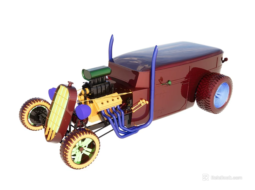 Vintage Style Red Toy Car With Blue Accents Large Wheels And Engine Details 3d model 