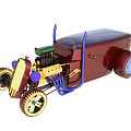 Vintage Style Red Toy Car With Blue Accents Large Wheels And Engine Details