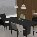 Modern Dark Gray Dining Table With Black And Beige Chairs Pendant Lights And Wooden Cabinets